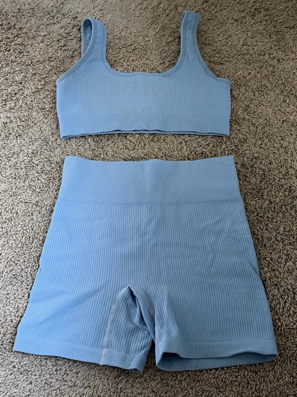 Ribbed Light Blue Top & Biker Shorts Set